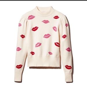 Kate Spade Womens Lips Ivory Printed Ribbed Trim Mock Neck Sweater Top XL